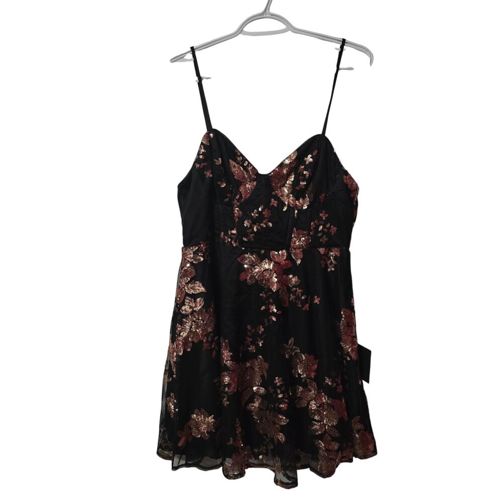 Lulus Black & Gold Floral Bustier Mini Dress Skater Large‎